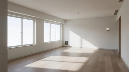 Bright and spacious empty room with large windows and wooden floors