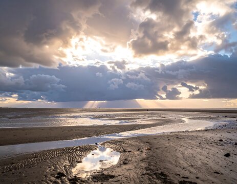 Dramatic sunset over a sandy beach