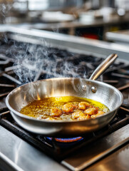 Shrimp sizzling in a frying pan on a stovetop.
