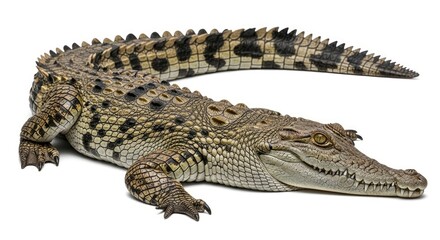 Naklejka premium Powerful crocodile with intricate scales and sharp features, captured in a studio setting against a clean white background. A formidable reptile.