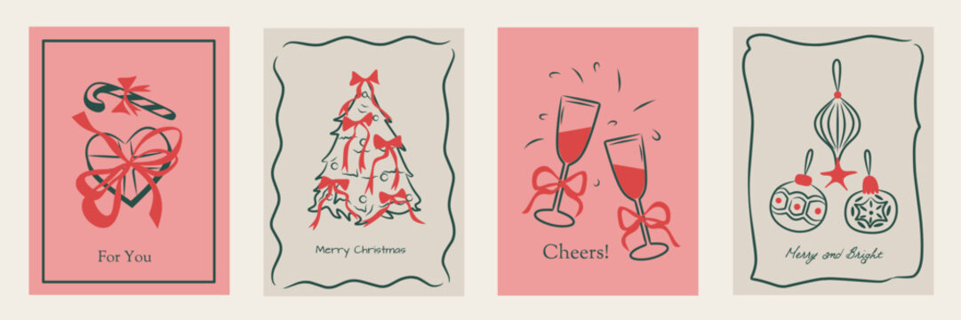 Hand drawn la dolce vita Christmas doodles. Vector illustration cards icon with bows, drink and tree. Minimalist winter line art for invitations, stationery, printables, social media, wall art.