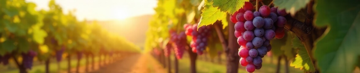 Sun-drenched bunches of ripe grapes hanging heavy on the vine, ready for harvest A picturesque scene of autumnal abundance in a vineyard , sun, rural