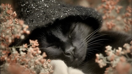 A fluffy black magic  kitten wearing an witch's hat, surrounded by autumn leaves, Halloween background