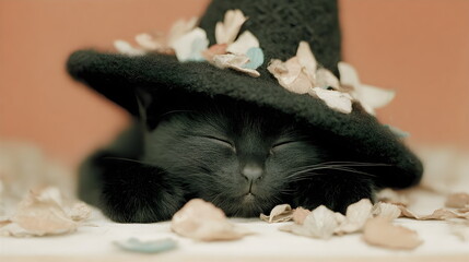 A fluffy black magic  kitten wearing an witch's hat, surrounded by autumn leaves, Halloween background