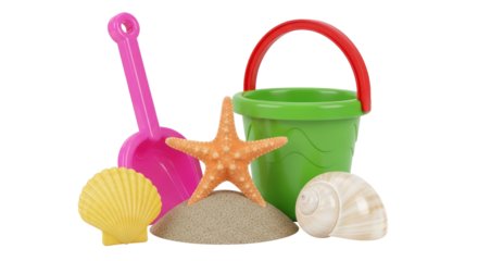 Isolated childhood beach play set for fun summer activity, including shell, shovel and bucket
