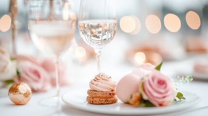 Naklejka premium A beautifully arranged table featuring elegant desserts and drinks, with soft pink roses and delicate bokeh lights in the background.