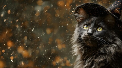 A fluffy black magic  kitten wearing an witch's hat, surrounded by autumn leaves, Halloween background