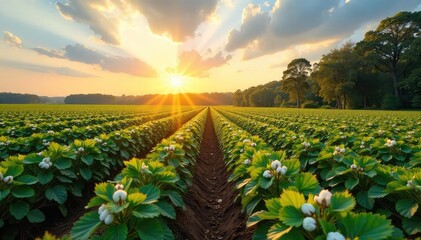 Sun-drenched rows of cotton plants stretch to the horizon, evoking the historical legacy of Southern plantations  A timeless image of rural agriculture and history ,  farming,  detail,  sunlight