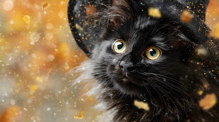 A fluffy black magic  kitten wearing an witch's hat, surrounded by autumn leaves, Halloween background