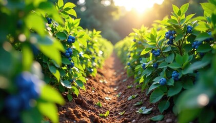Sun-drenched rows of lush blueberry bushes laden with ripe, plump berries ready for harvest A picturesque summer scene in a vibrant blueberry garden , agriculture, ripe