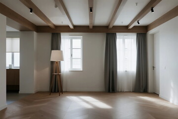 Bright and spacious room with wooden beams and large windows