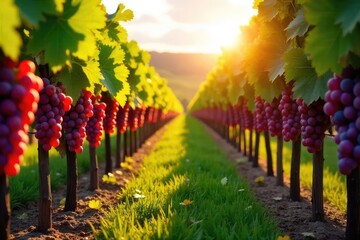 Sun-drenched rows of ripening grapes hang heavy on the vine, ready for harvest in a picturesque vineyard Golden sunlight bathes the lush landscape , nature, vineyard rows
