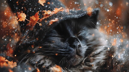 A fluffy black magic  kitten wearing an witch's hat, surrounded by autumn leaves, Halloween background