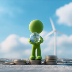 3. Green figure holding Earth globe on coins with wind turbine, concept of global sustainability and eco investment
