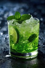 Green Negroni cocktail with gin, aperitif, liqueur, mint and ice. Black bar background. Out of focus background.