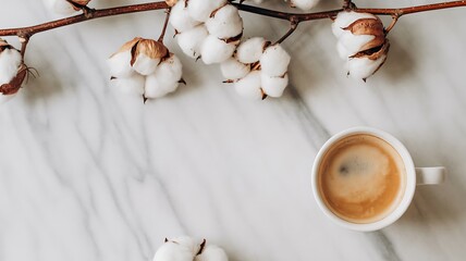 Cozy morning coffee with cotton branch accent on marble surface