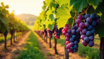 Sunlight dapples rows of ripe grapes hanging heavy on the vine in a picturesque vineyard, ready for harvest The scene evokes the beauty and promise of winemaking , beautiful, picturesque