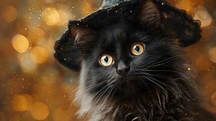 A fluffy black magic  kitten wearing an witch's hat, surrounded by autumn leaves, Halloween background