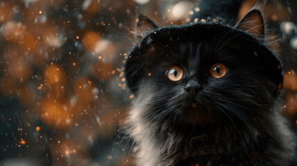 A fluffy black magic  kitten wearing an witch's hat, surrounded by autumn leaves, Halloween background
