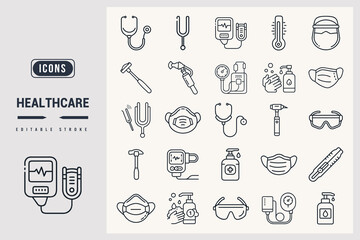 Healthcare Medical Equipment and Supplies Icons Collection White Background.