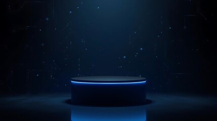 podiums with glowing edges and futuristic cyber aesthetic