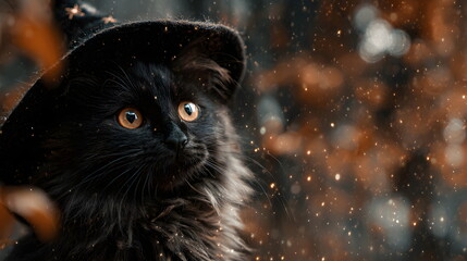 A fluffy black magic  kitten wearing an witch's hat, surrounded by autumn leaves, Halloween background