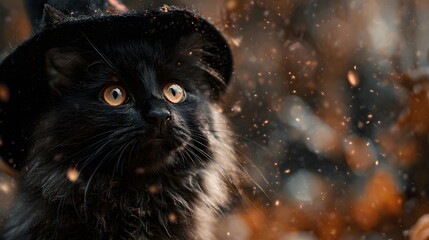 A fluffy black magic  kitten wearing an witch's hat, surrounded by autumn leaves, Halloween background