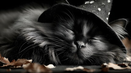 A fluffy black magic  kitten wearing an witch's hat, surrounded by autumn leaves, Halloween background