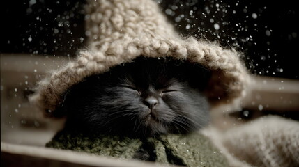A fluffy black magic  kitten wearing an witch's hat, surrounded by autumn leaves, Halloween background