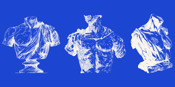 Vintage illustration of three broken Greek statue torsos in sketchy style, classical antique line art on blue background.