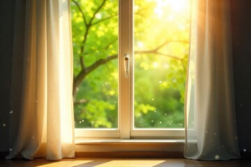 Sunlit Dust Motes Dance in a Summer Breeze Through a Sheer Window Curtain, Evoking Lazy Summer Days in a Yellow-Lit Room