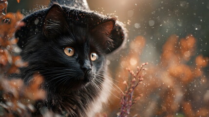 A fluffy black magic  kitten wearing an witch's hat, surrounded by autumn leaves, Halloween background