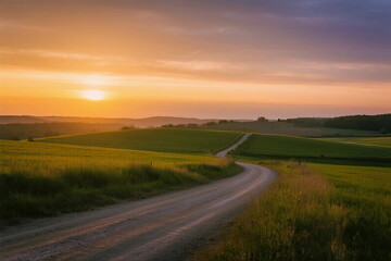 Fototapeta premium Beautiful Sunset Over a Winding Country Road in Green Fields