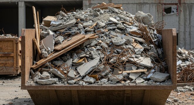 Overfilled construction dumpster with mixed demolition debris and materials