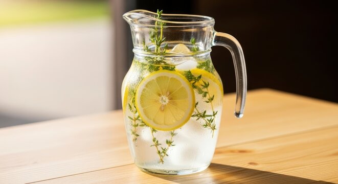 Refreshing lemon and thyme infused water with ice in a glass pitcher on a wooden table, perfect for a healthy and cool drink.