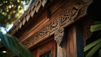 Intricate wooden carvings adorning traditional architecture with vibrant green foliage complementing the rustic structure and sunlight filtering through the trees above.