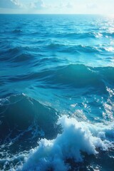 Vast expanse of deep blue ocean water, sunlit waves gently rolling towards the horizon, a tranquil and serene seascape , seascape, seabed, depth