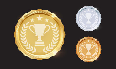 Gold, Silver, and Bronze Winner Cup Medals – Champion Trophy Award Badges, Victory Symbol, and Achievement Icons Vector Illustration