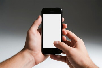 Two hands holding a smartphone with a blank screen
