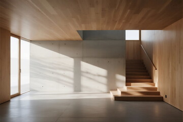 Obraz premium Modern minimalist interior space with wooden and concrete elements