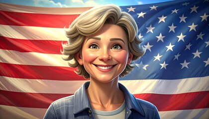 Portrait of a woman smiling, American flag background