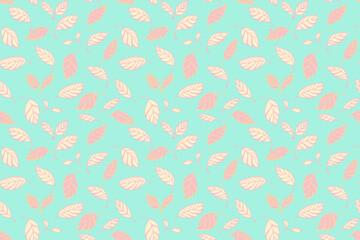 Seamless vector leaf pattern with soft pastel pink leaves on a light turquoise background. Elegant botanical design for fabric, wallpaper, wrapping, and surface print