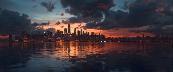 Stunning City Skyline at Dusk Reflected in Water