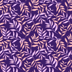 Elegant seamless vector pattern with artistic branches and pastel leaves on a dark purple background. Stylish botanical design for textiles, wallpapers and decor