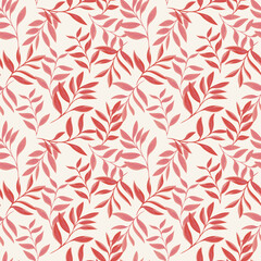 Seamless vector pattern with artistic red and pink branches and leaves on a light beige background. Elegant botanical design for fabric, wallpaper and packaging