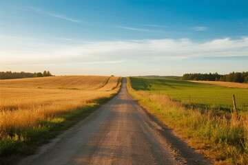 Fototapeta premium A scenic dirt road stretching through golden fields under a clear sky