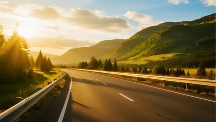 Scenic highway with mountains and sunlit trees in the morning