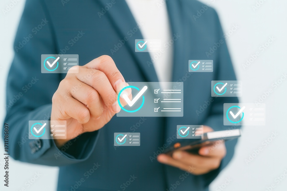 Poster businessman using touchscreen interface with digital check marks and to-do list icons,concept of tas