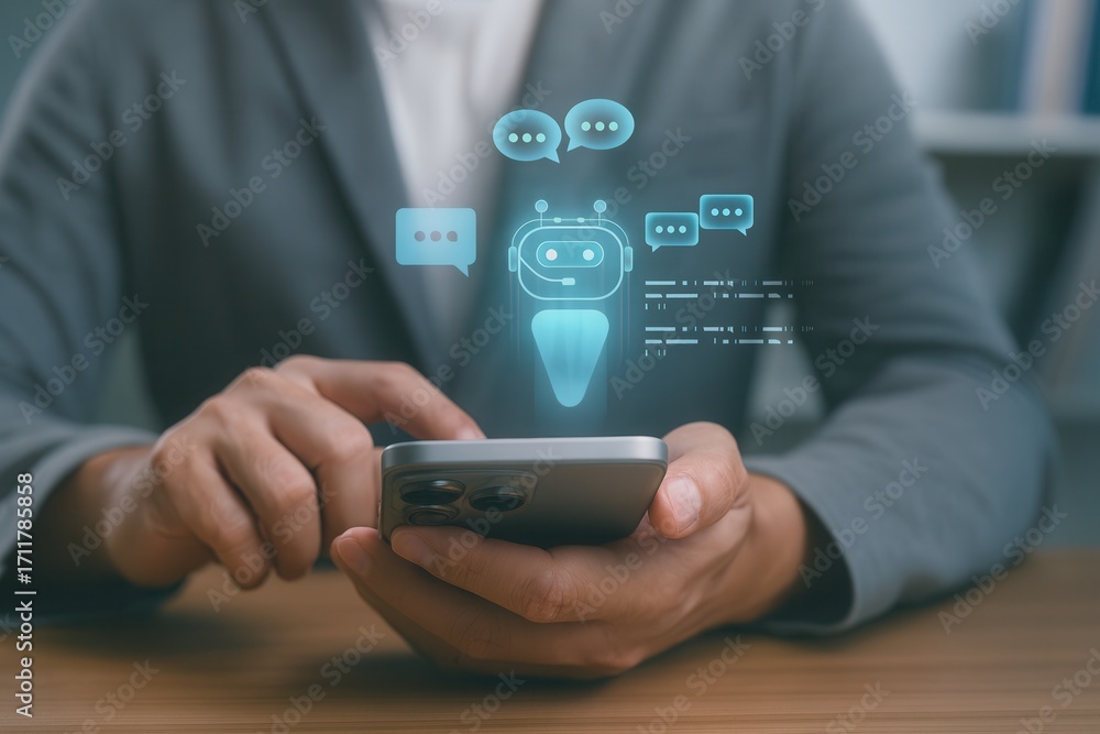 Poster chatbot conversation on smartphone with virtual assistant ai technology,hand typing message to digit