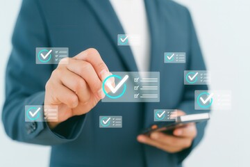 Businessman using touchscreen interface with digital check marks and to-do list icons,concept of task management,checklist completion,successful project planning